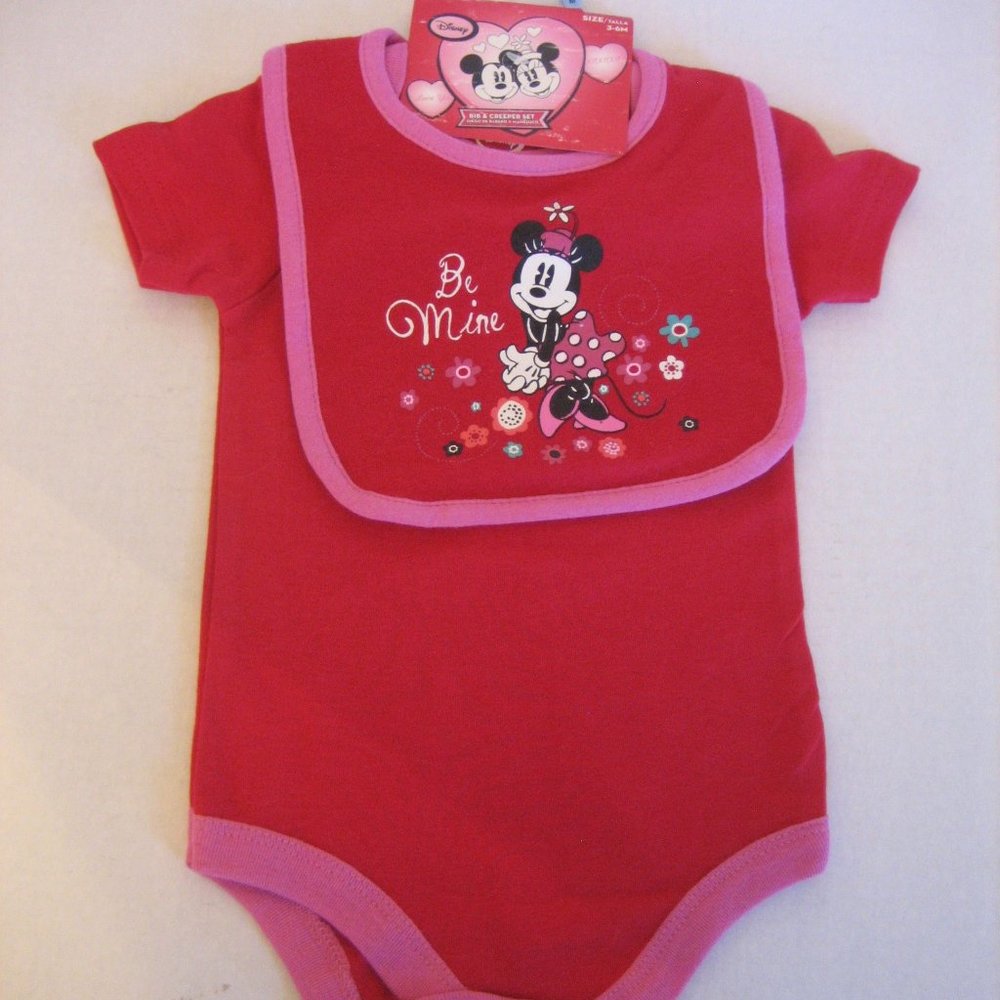 Disney Be Mine Minnie Mouse Infant Girl's Red One Piece Bodysuit & Bib Sz 3-6M